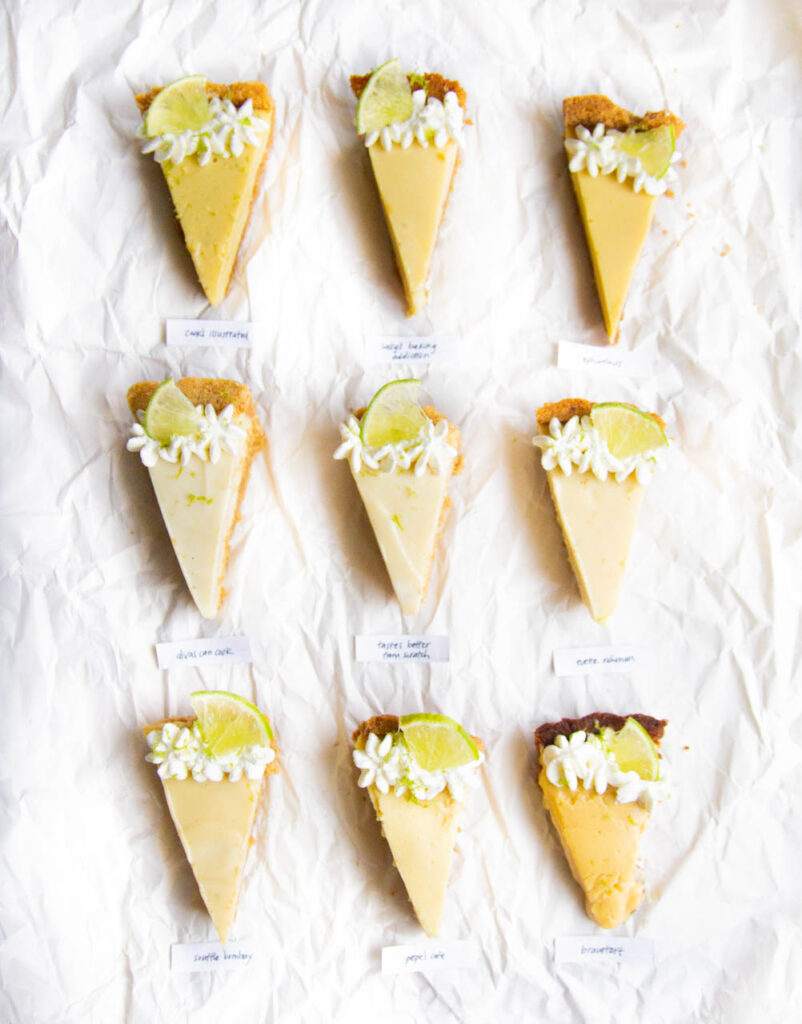 9 different slices of key lime pie on a white background.