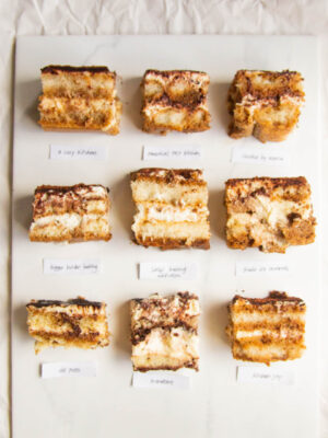 9 pieces of tiramisu on a white background.
