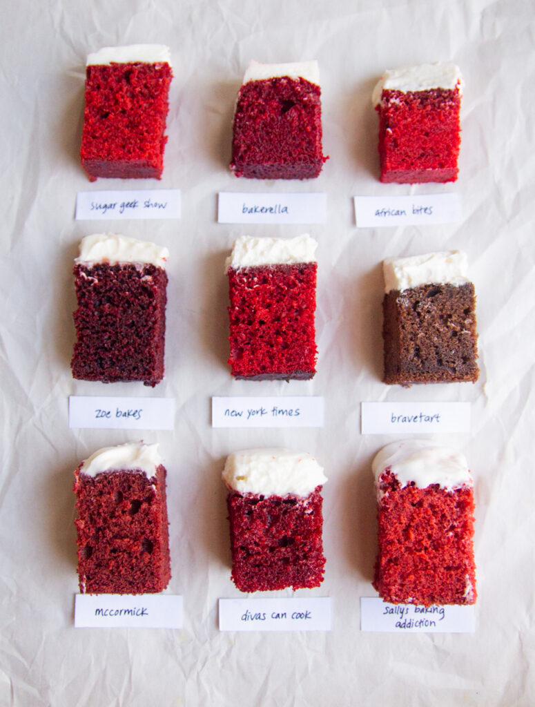 9 squares of different red velvet cake on a white background.