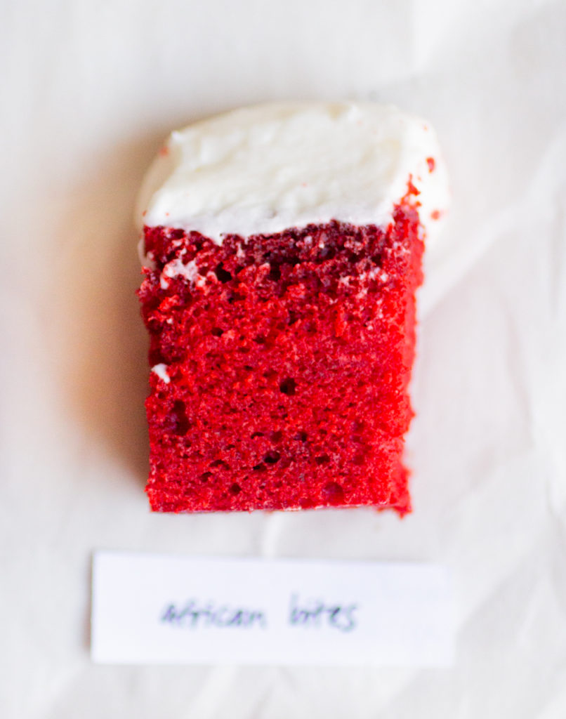 African Bites red velvet cake.