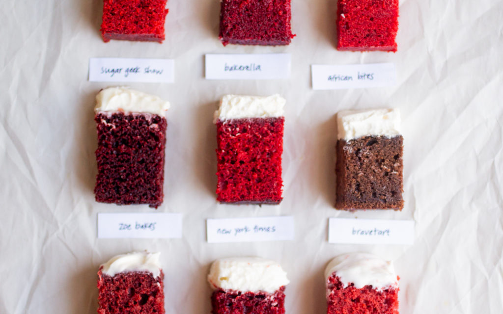 9 different red velvet cakes on a white background.