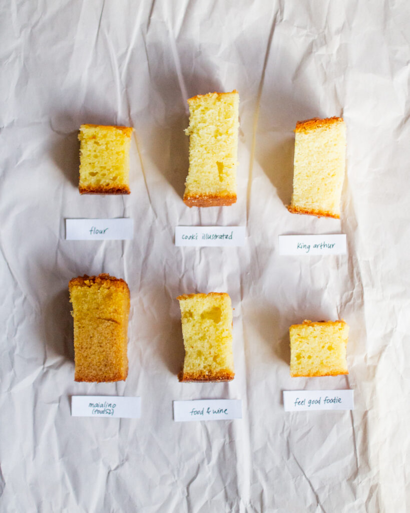 6 different slices of olive oil cake on a white background.
