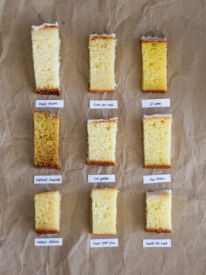 9 square slices of lemon loaf with labels on a piece of crinkled brown paper.