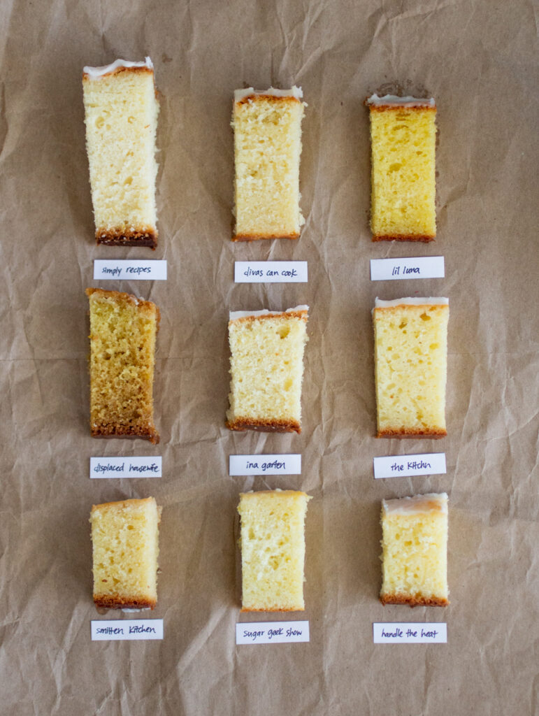 9 slices of lemon loaf on a brown background.