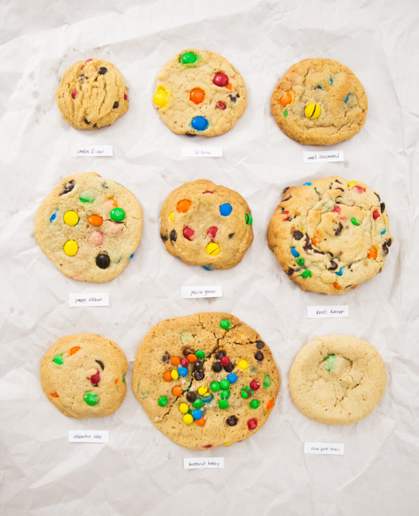 9 different M&M cookies on a white background.