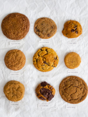 9 pumpkin cookies on a white background with labels.