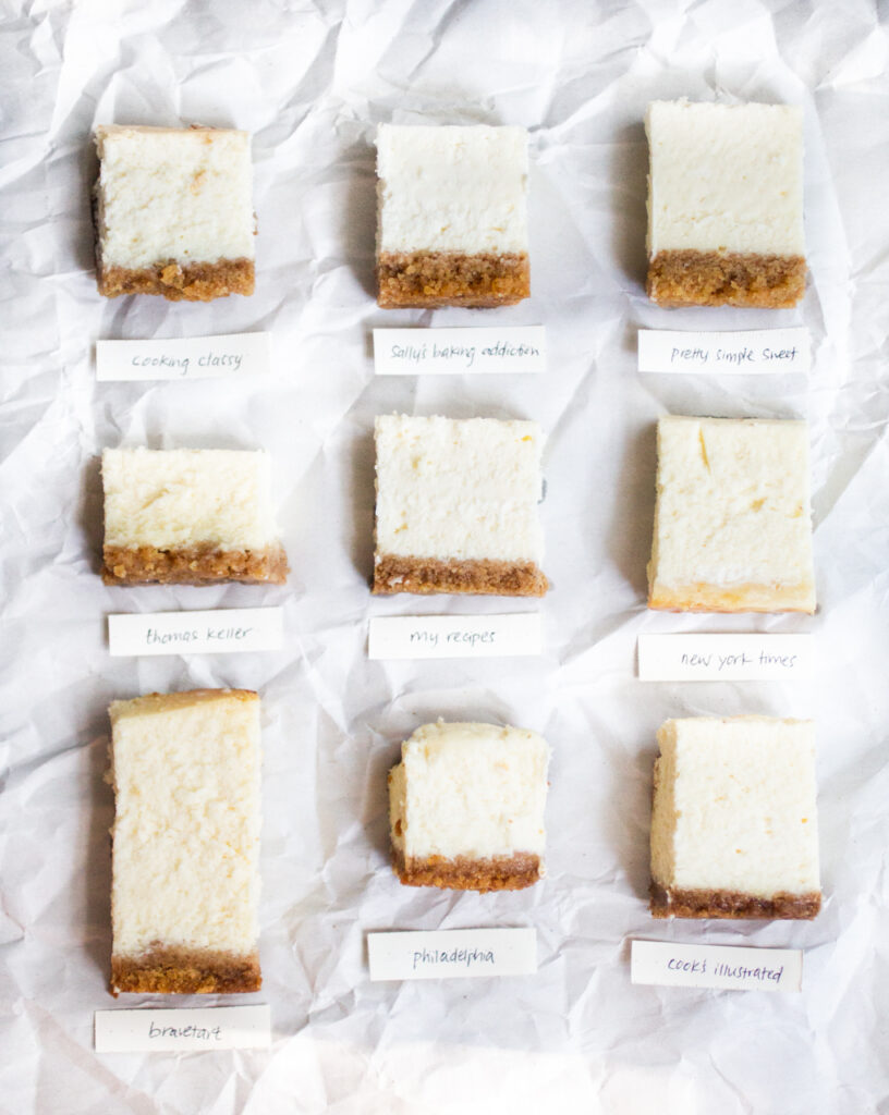 9 squares of cheesecake on a grey background.