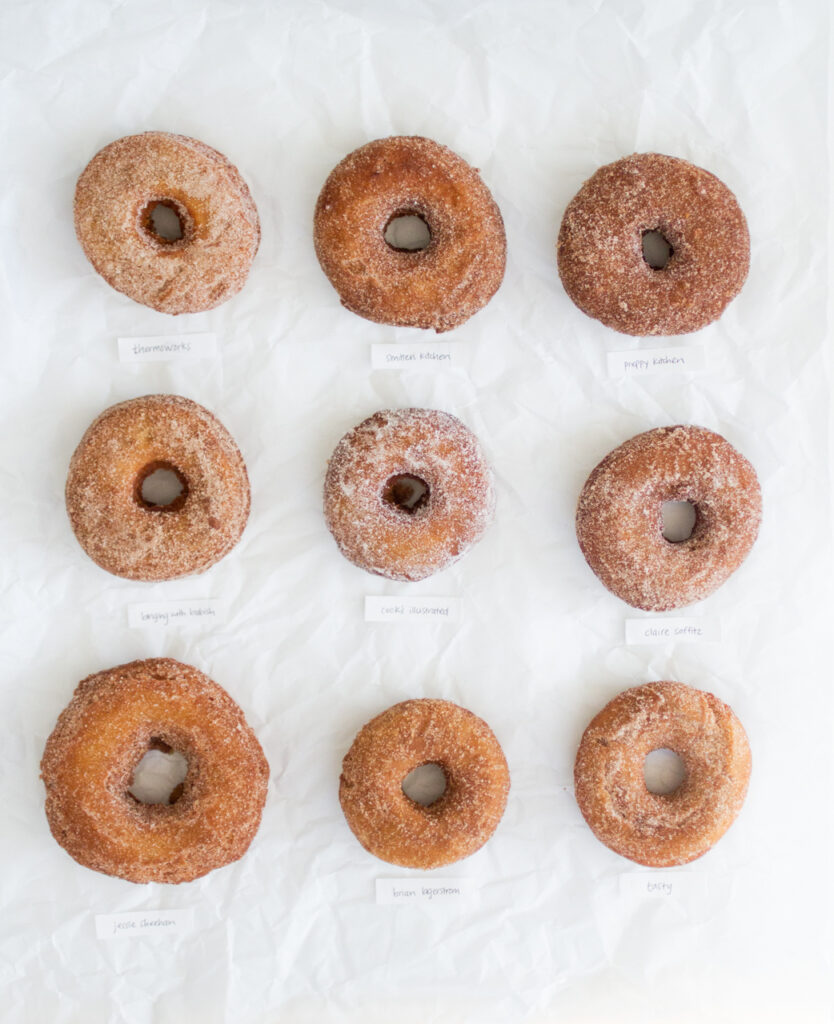 9 apple cider donuts on a white background.