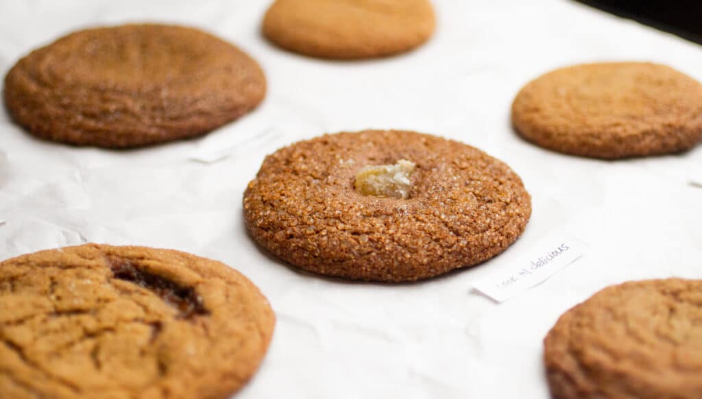 Close up on a ginger molasses cookie with a piece of candied ginger.
