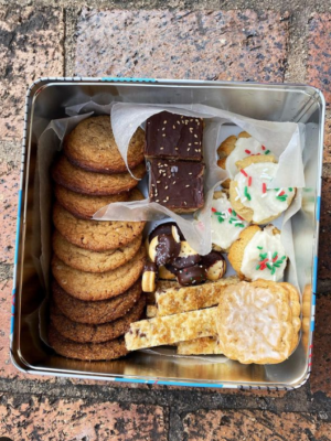 A box of holiday cookies.