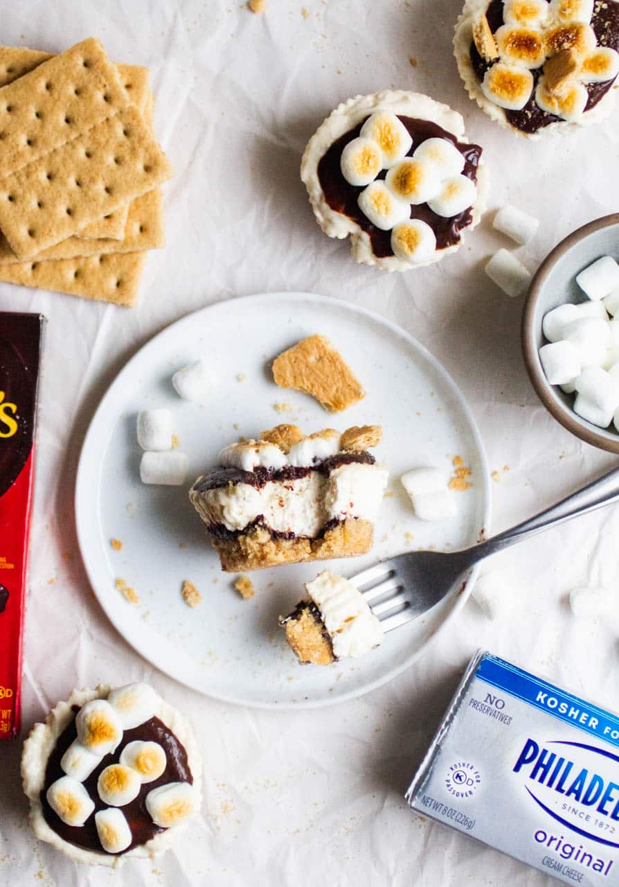 A chocolate-frosted mini cheesecake on a white plate with a fork taking a bite.