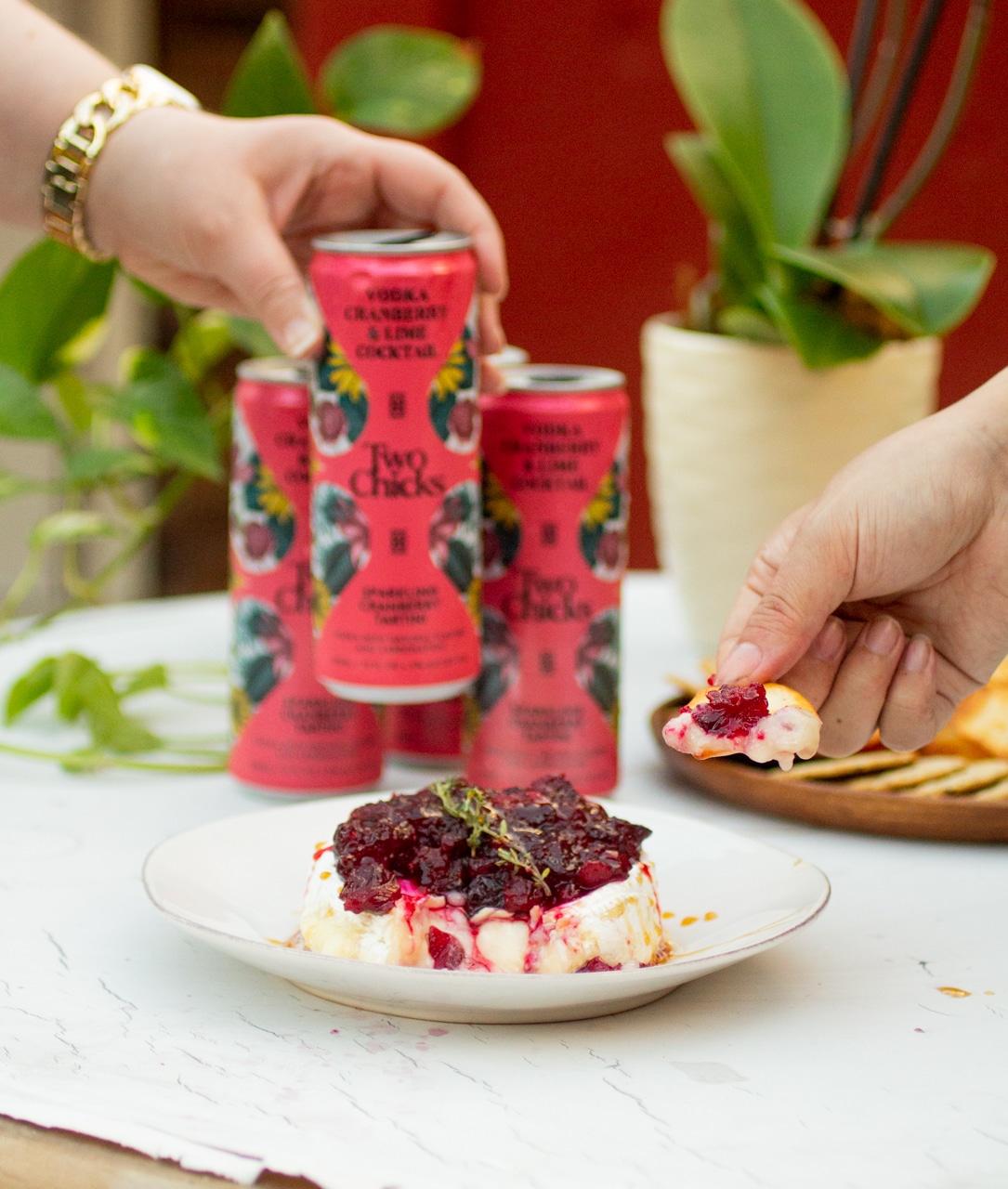 A hand holding up a can of Two Chicks next to a plate of baked brie topped with fruit.
