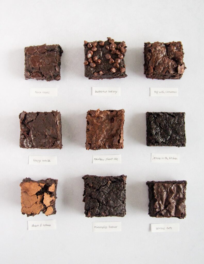 9 vegan brownies on a white background.