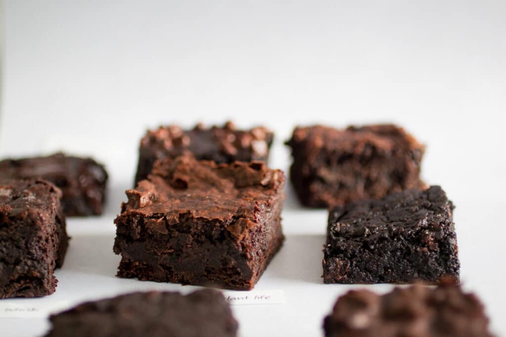 several vegan brownies on a white background.