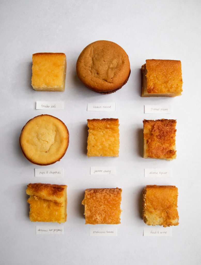9 squares of butter mochi on a gray background.