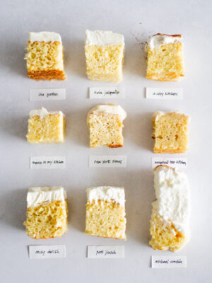 9 slices of tres leches on a gray background.