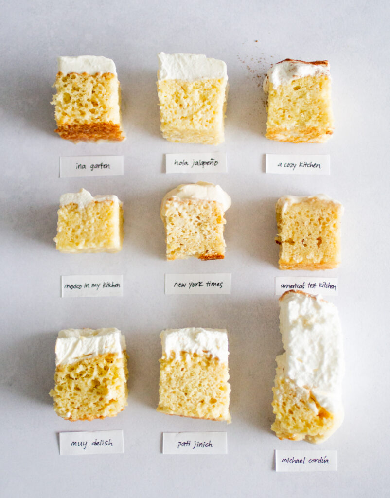 9 slices of tres leches on a gray background.