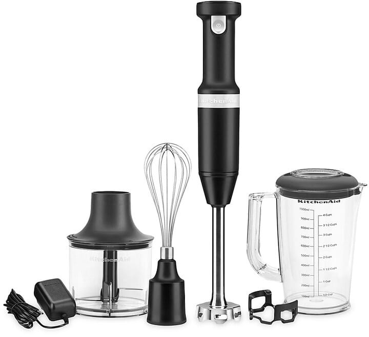 A cordless hand blender with attachments.
