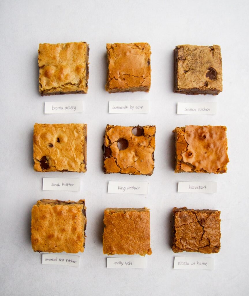 9 squares of blondies with labels on a gray background.