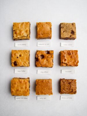 9 squares of blondies with labels on a gray background.