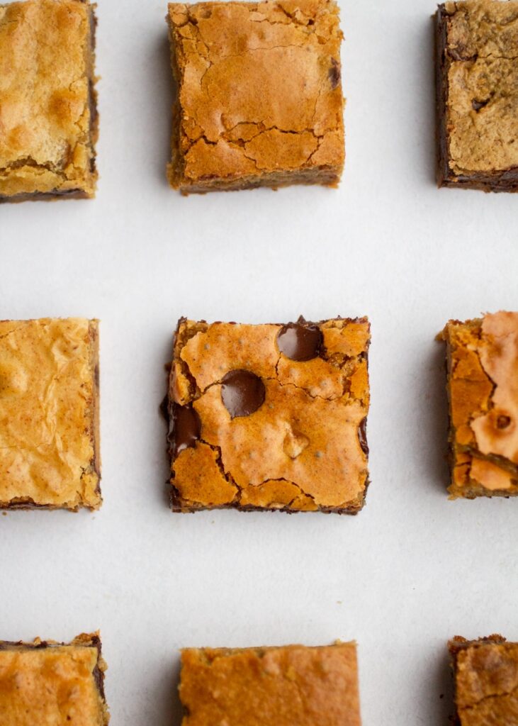 9 squares of blondies on a gray background.
