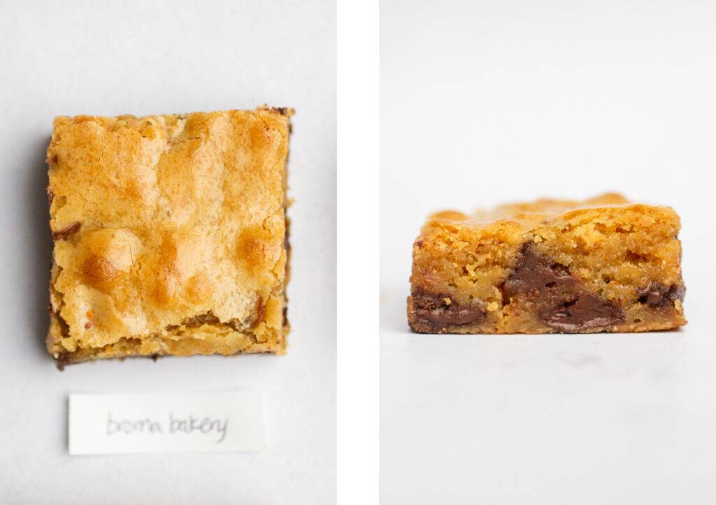 broma bakery blondie top view next to a cross section view.