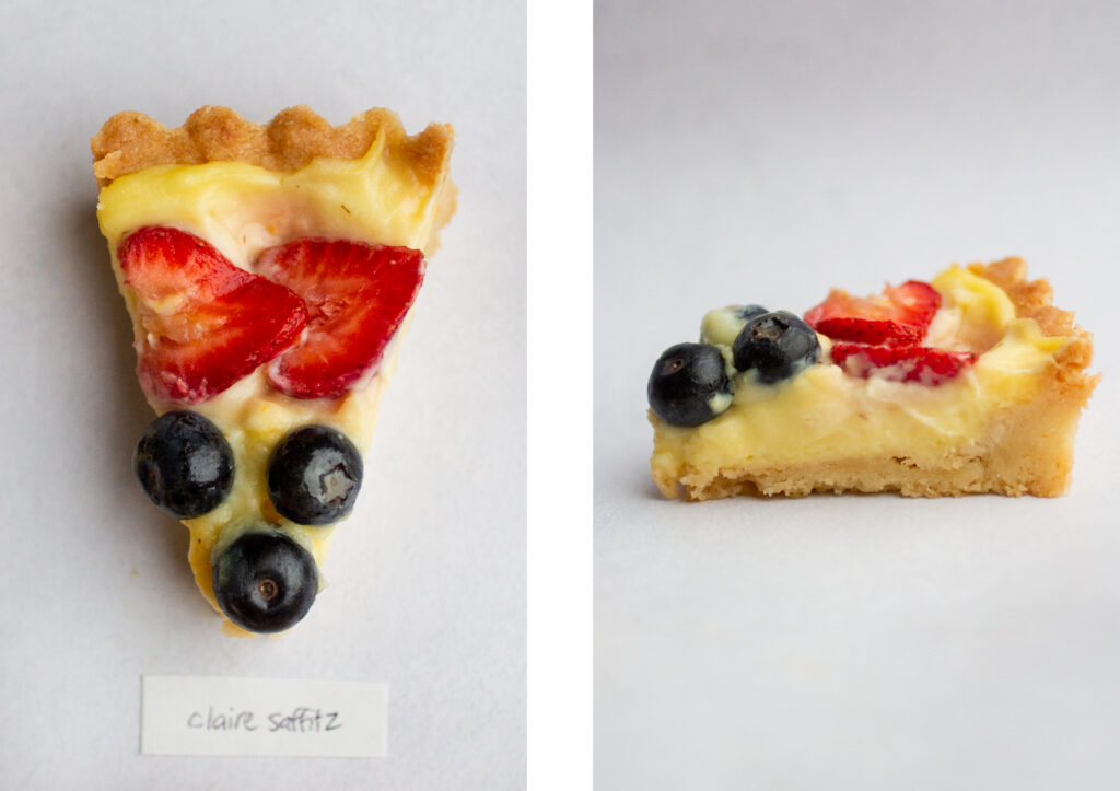 side by side shot of a slice of the claire saffitz fruit tart from the top next to the side view.