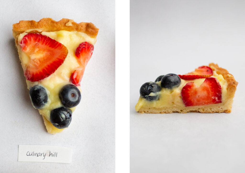 side by side shot of a slice of the culinary hill fruit tart from the top next to the side view.