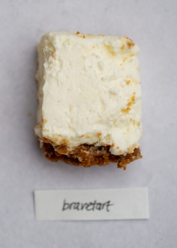 bravetart no-bake cheesecake on a gray background.