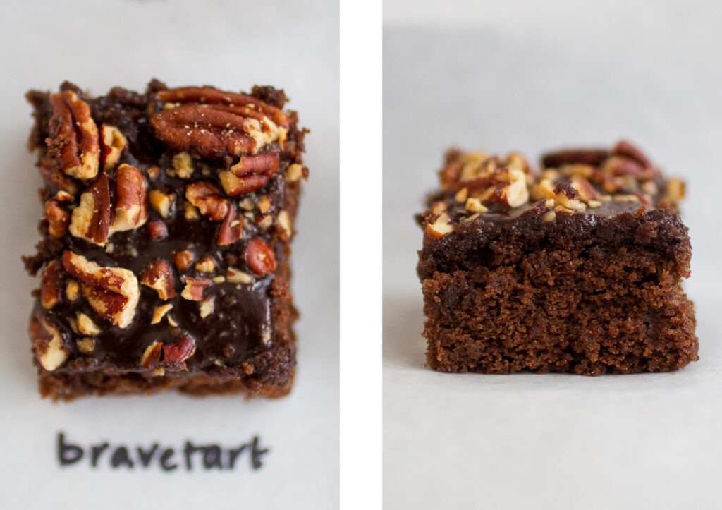 bravetart texas chocolate sheet cake shot from above on the left; profile view on the right.