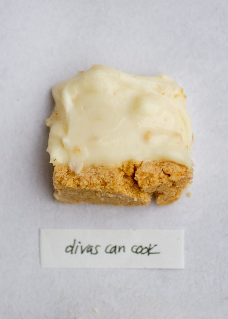 divas can cook no-bake cheesecake on a gray background.