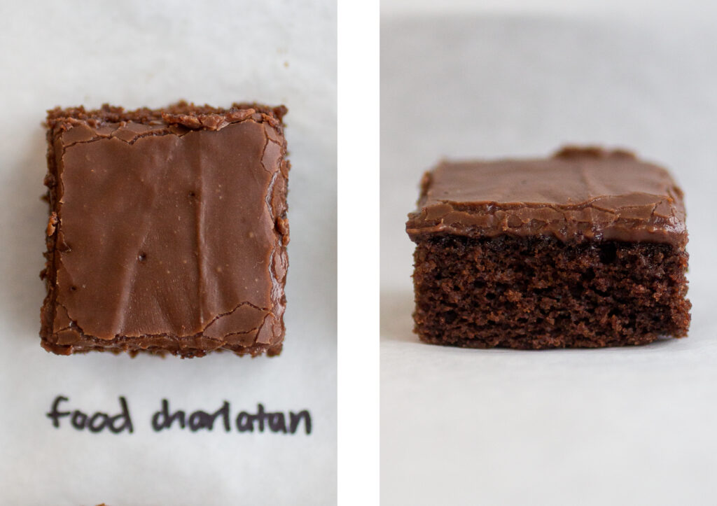 food charlatan  texas chocolate sheet cake shot from above on the left; profile view on the right.