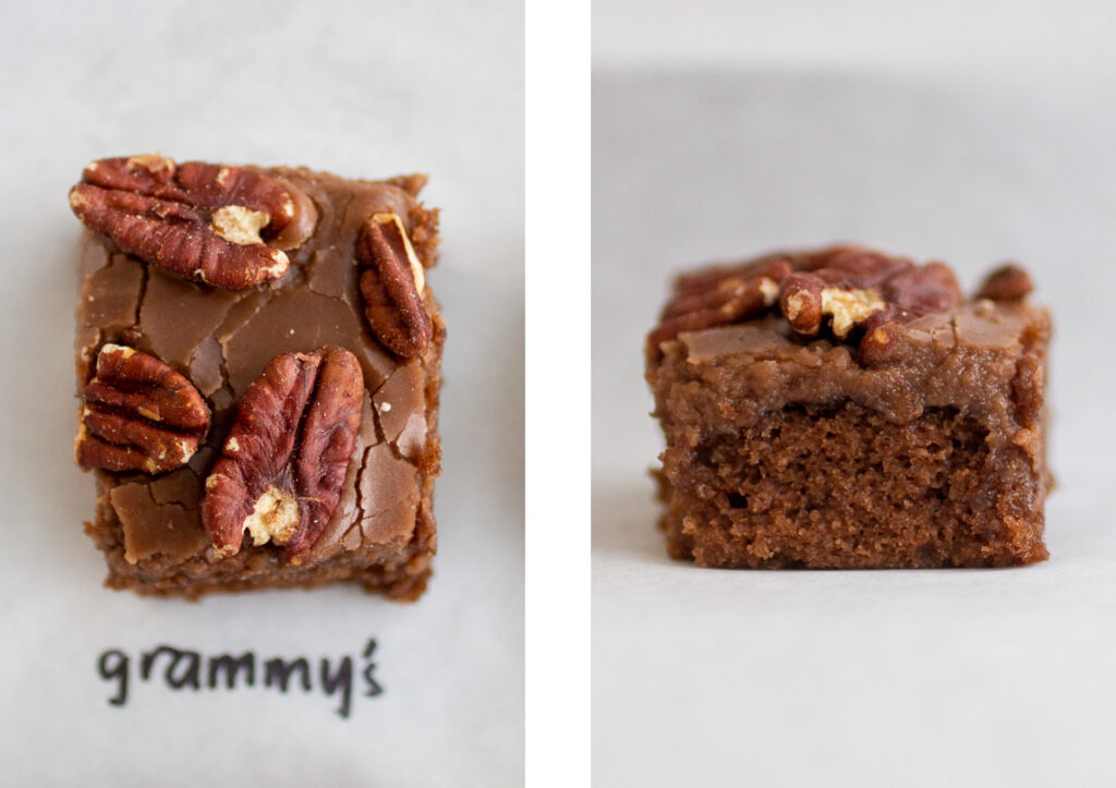 grammy\'s texas chocolate sheet cake shot from above on the left; profile view on the right