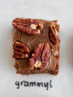 a square of chocolate cake with pecans on a white background.