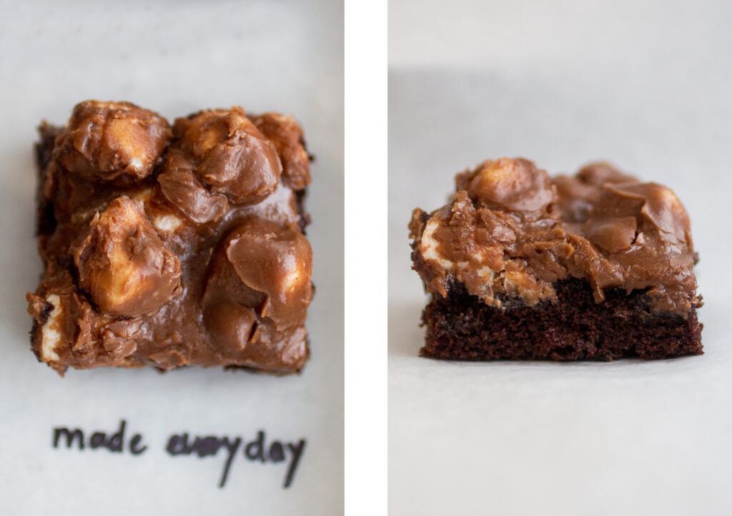 made everyday texas chocolate sheet cake shot from above on the left; profile view on the right.
