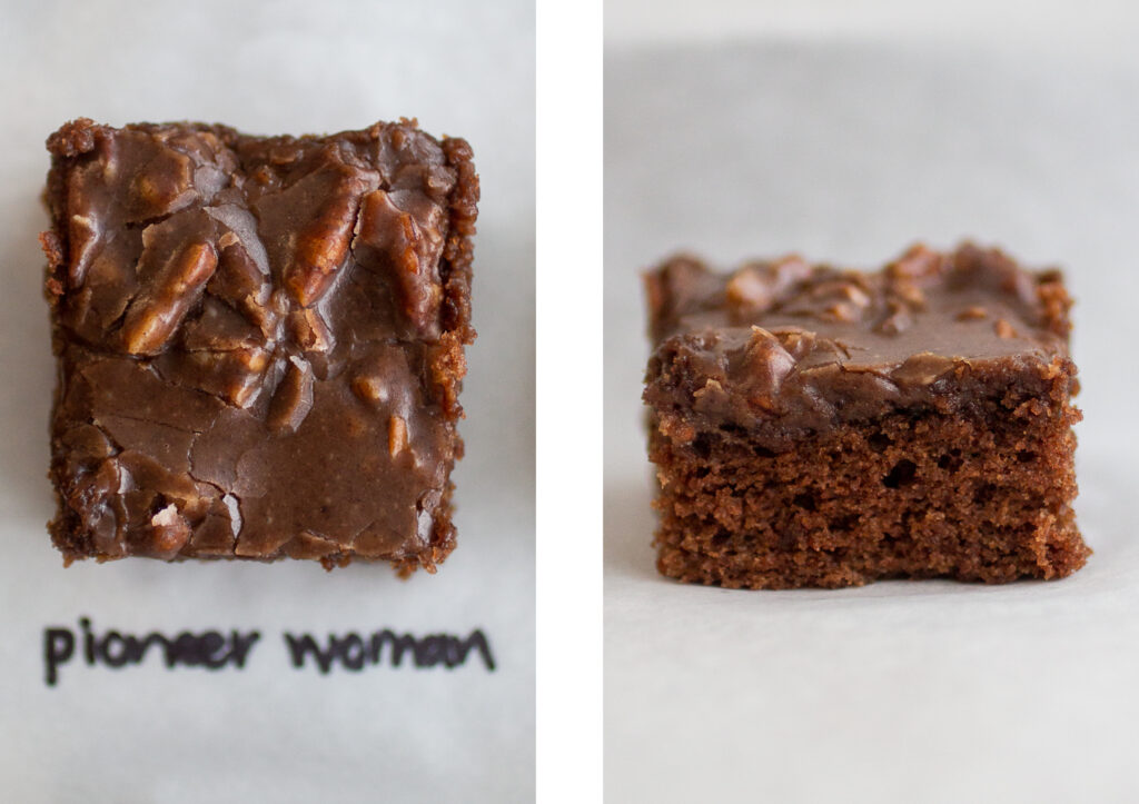 pioneer woman texas chocolate sheet cake shot from above on the left; profile view on the right.