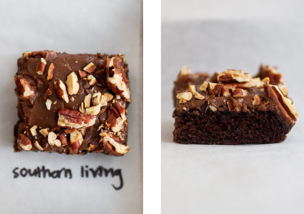 southern living texas chocolate sheet cake shot from above on the left; profile view on the right.