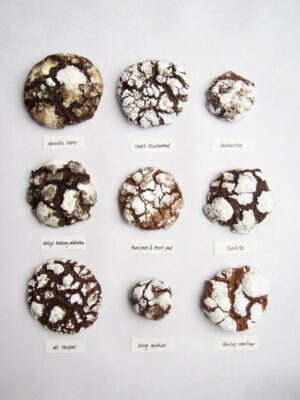 9 chocolate crinkle cookies on a gray background.