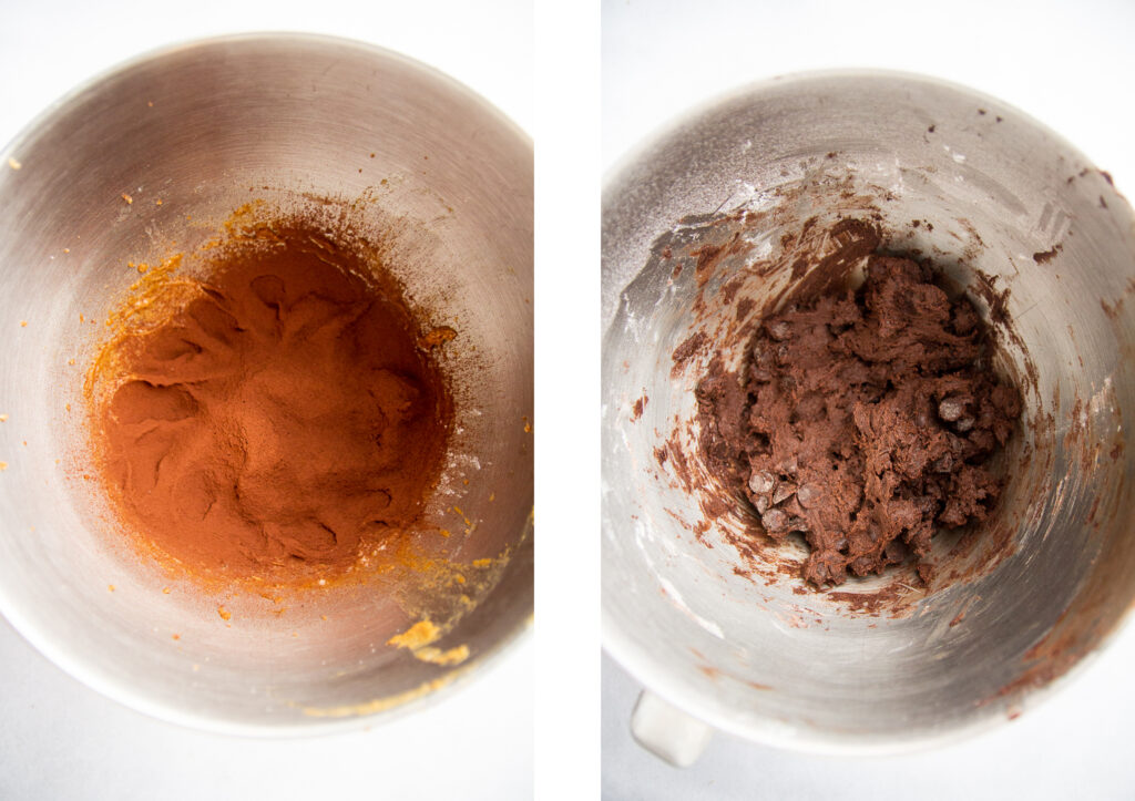 Cocoa powder in a mixing bowl next to a bowl of chocolate cookie dough.