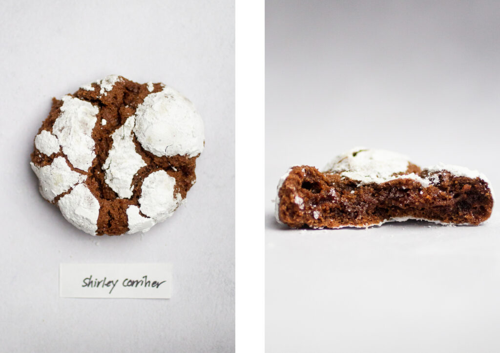 side by side of a chocolate crinkle cookie with a view of the interior and a label that says \"shirley corriher\"