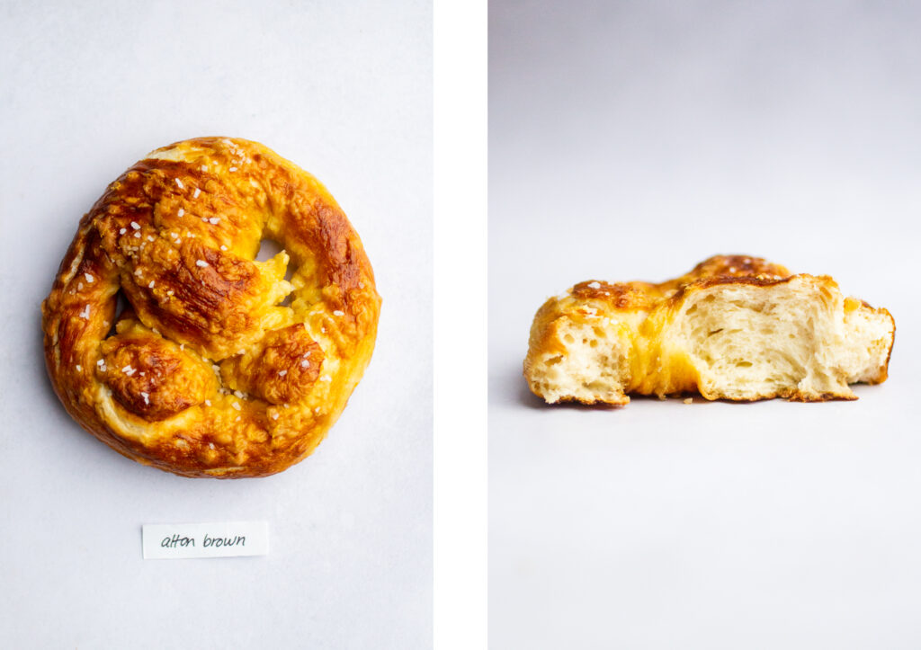 a soft pretzel labeled \"alton brown\" next to a shot of the pretzel interior