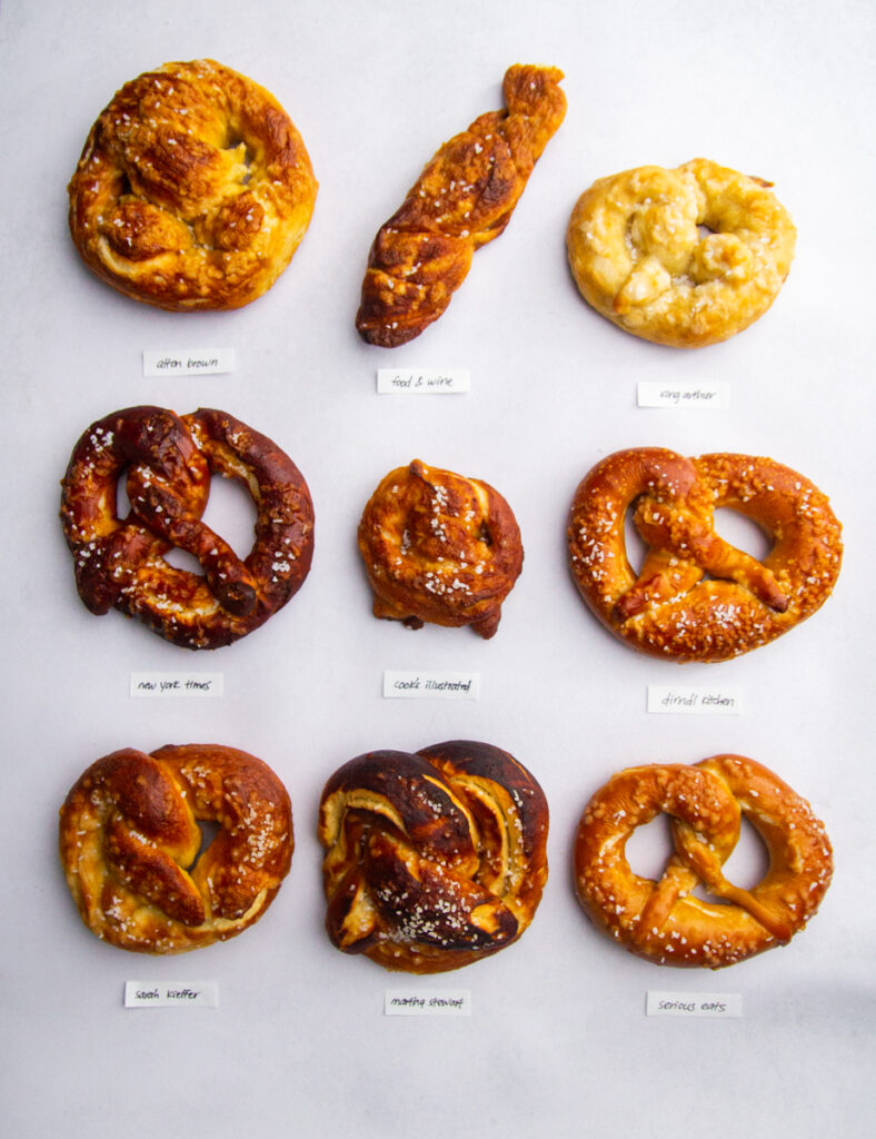 9 pretzels with labels on a gray background.