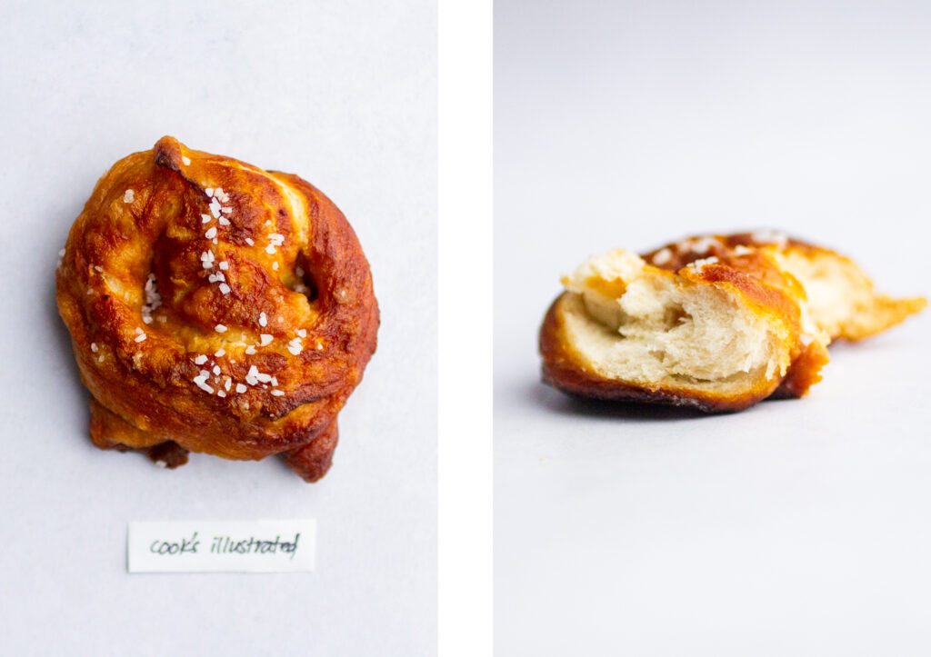 a soft pretzel labeled \"cook\'s illustrated\" next to a shot of the pretzel interior