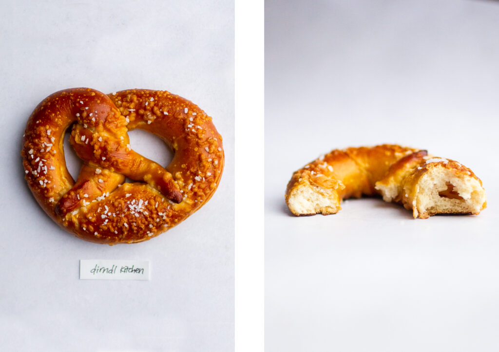 a soft pretzel labeled \"dirndl kitchen\" next to a shot of the pretzel interior