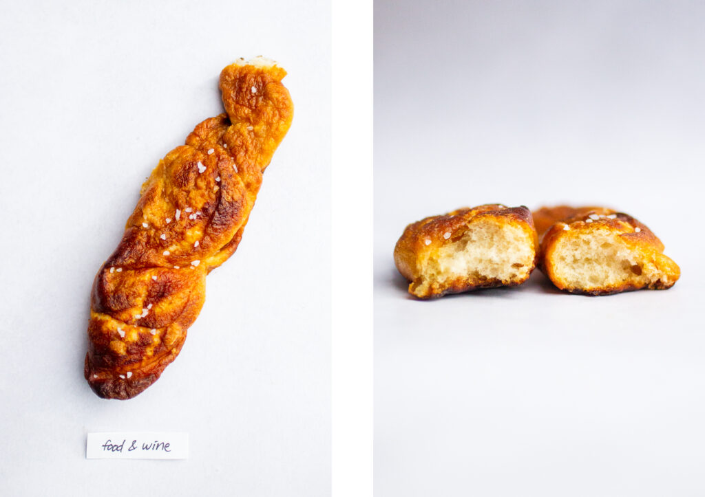 a soft pretzel labeled \"food & wine\" next to a shot of the pretzel interior.