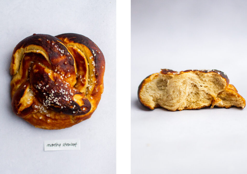 a soft pretzel labeled \"martha stewart\" next to a shot of the pretzel interior