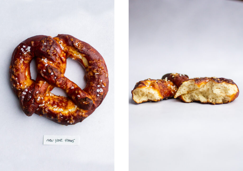 a soft pretzel labeled \"new york times\" next to a shot of the pretzel interior.