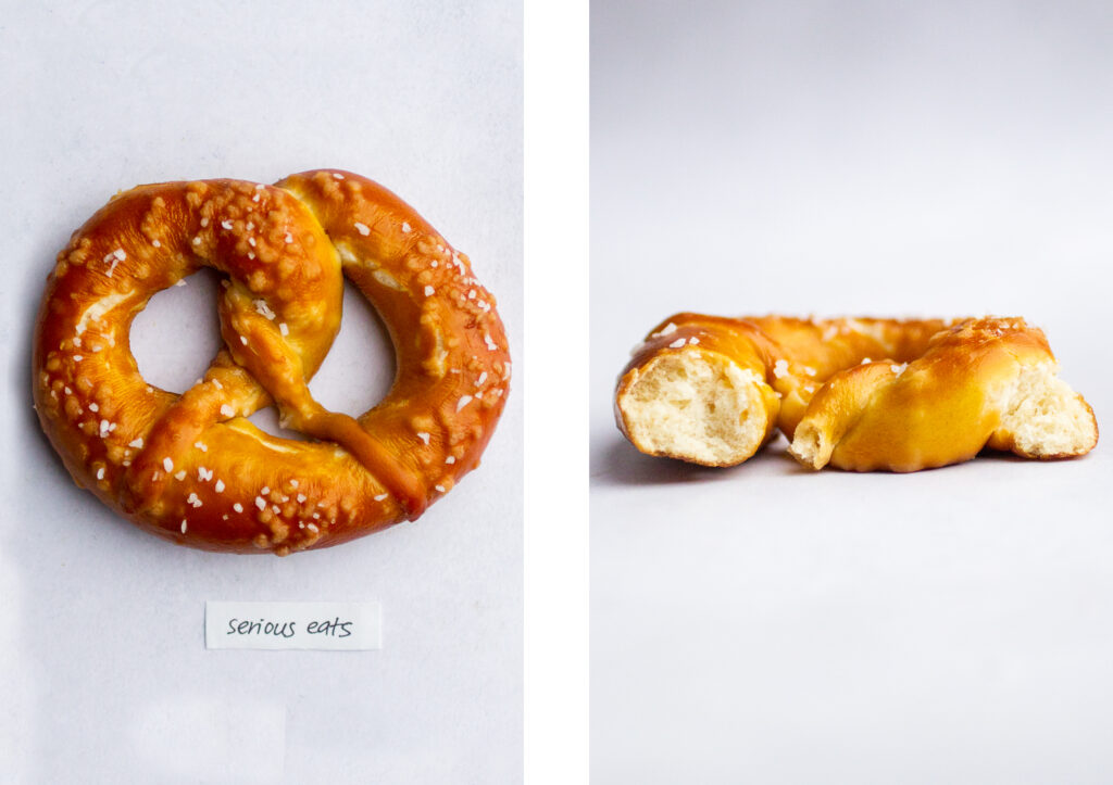 a soft pretzel labeled \"serious eats\" next to a shot of the pretzel interior.