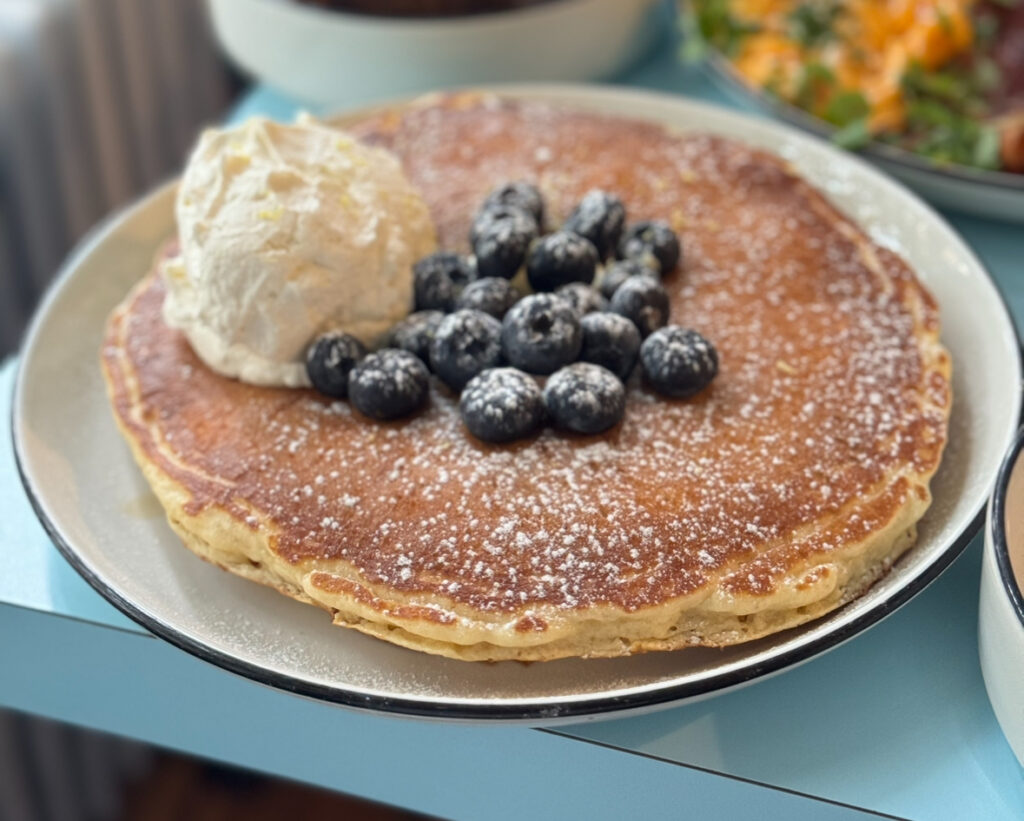 Blueberry-topped pancakes form Baby Blues.