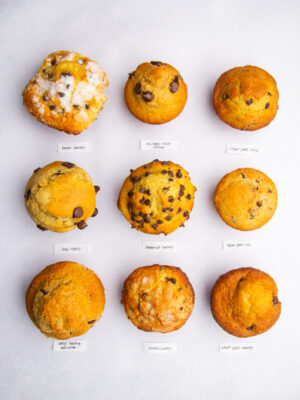 9 chocolate chip muffins on a gray background